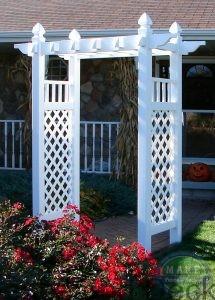 Vinyl Arbor Ashland- The Arcadian arbor is the perfect entrance or accent, welcoming you to a place of calm simplicity and peace. The lattice panel sides allow for climbing vines to be easily incorporated into your landscaping while adding to the appeal of the structure.