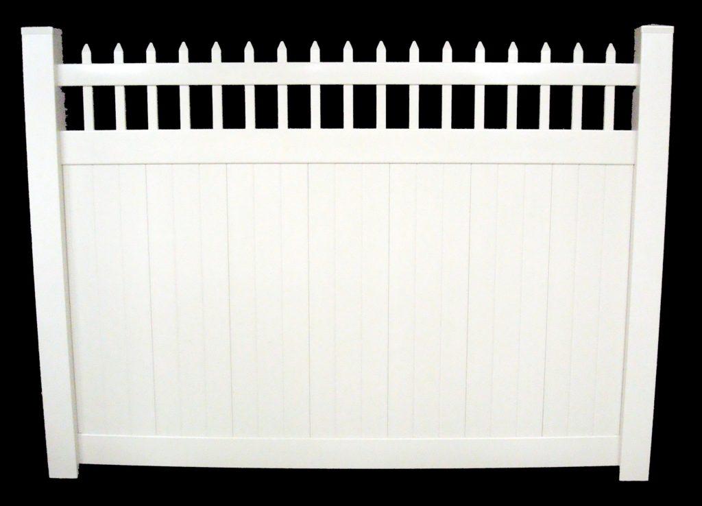 white vinyl privacy fence Morrison Available Heights: 72" tall Rail Size: 2" x 3-1/2" Top & 1-1/2" x 5-1/2" Middle & Bottom Picket Size: 7/8" x 1-1/2" & 7/8" x 11-1/4" Tongue & Groove Picket Space: 3-5/8" & 0" Post Size: 5" Post Space: 71" or 97"