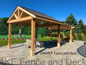 Cedar pavilion with attached cedar pergola